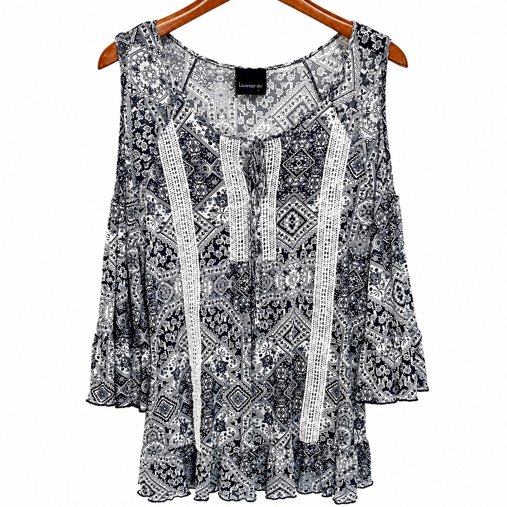 Lavender Sky Navy White Geometric Cold Shoulder Bell Sleeve Lace Blouse MY3381 L